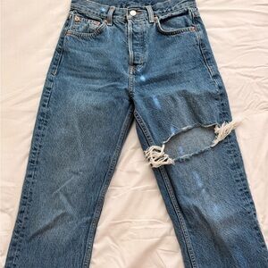Topshop Blue Straight Leg Jeans with Distressed Detail